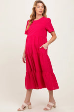 PinkBlush PinkBlush Fuchsia Short Sleeve Tiered Maternity Midi Dress for Expecting Mothers - 