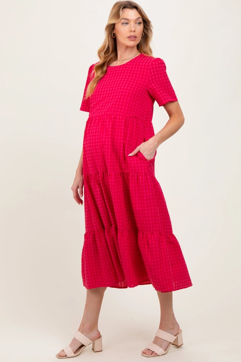 PinkBlush PinkBlush Fuchsia Short Sleeve Tiered Maternity Midi Dress for Expecting Mothers - 