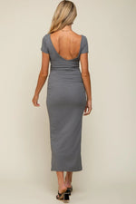 PinkBlush PinkBlush Grey Ribbed Maternity Midi Dress with Side Slit for Expecting Moms - 