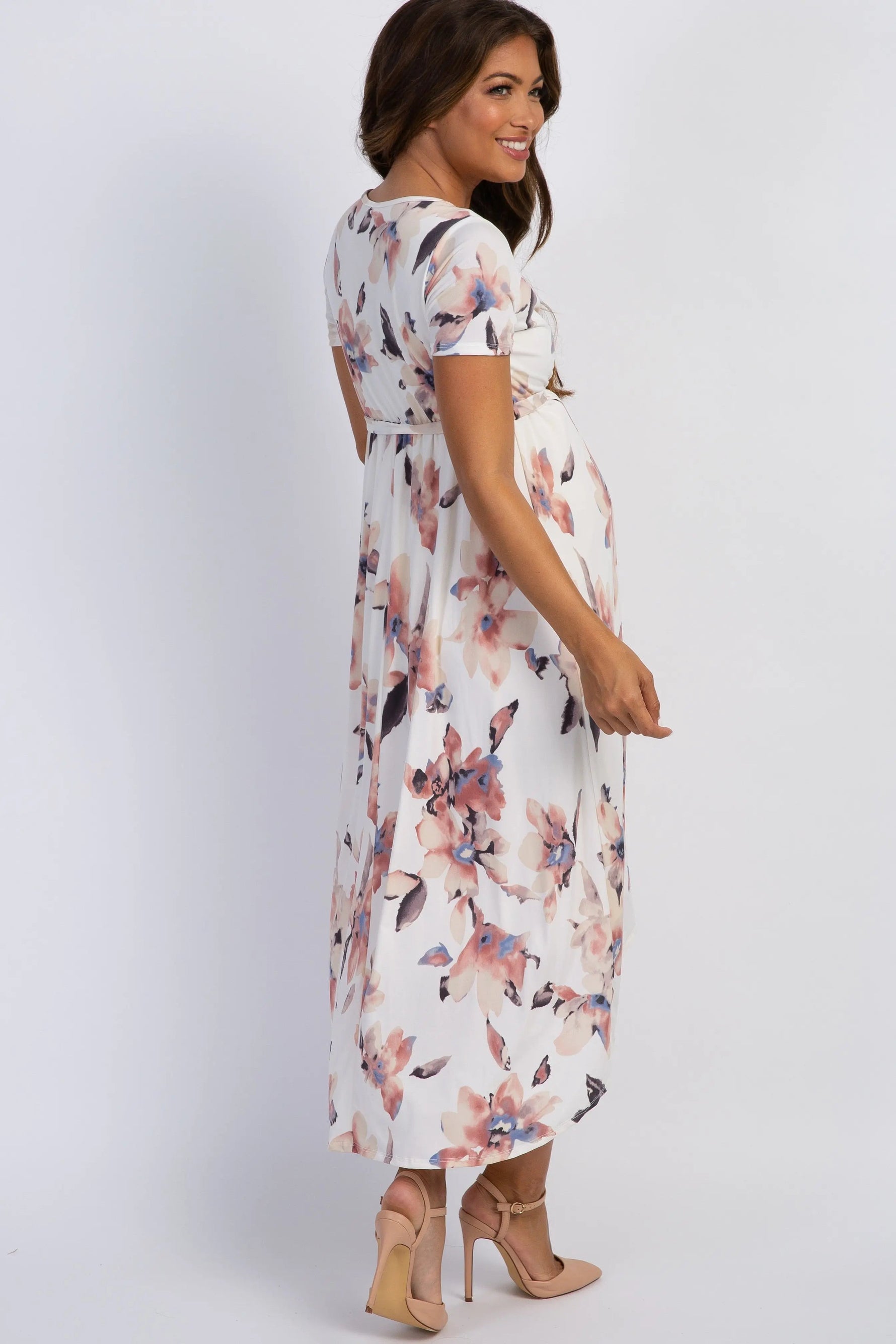 PinkBlush PinkBlush Ivory Watercolor Floral Hi - Low Maternity Wrap Dress - 