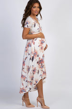 PinkBlush PinkBlush Ivory Watercolor Floral Hi - Low Maternity Wrap Dress - 