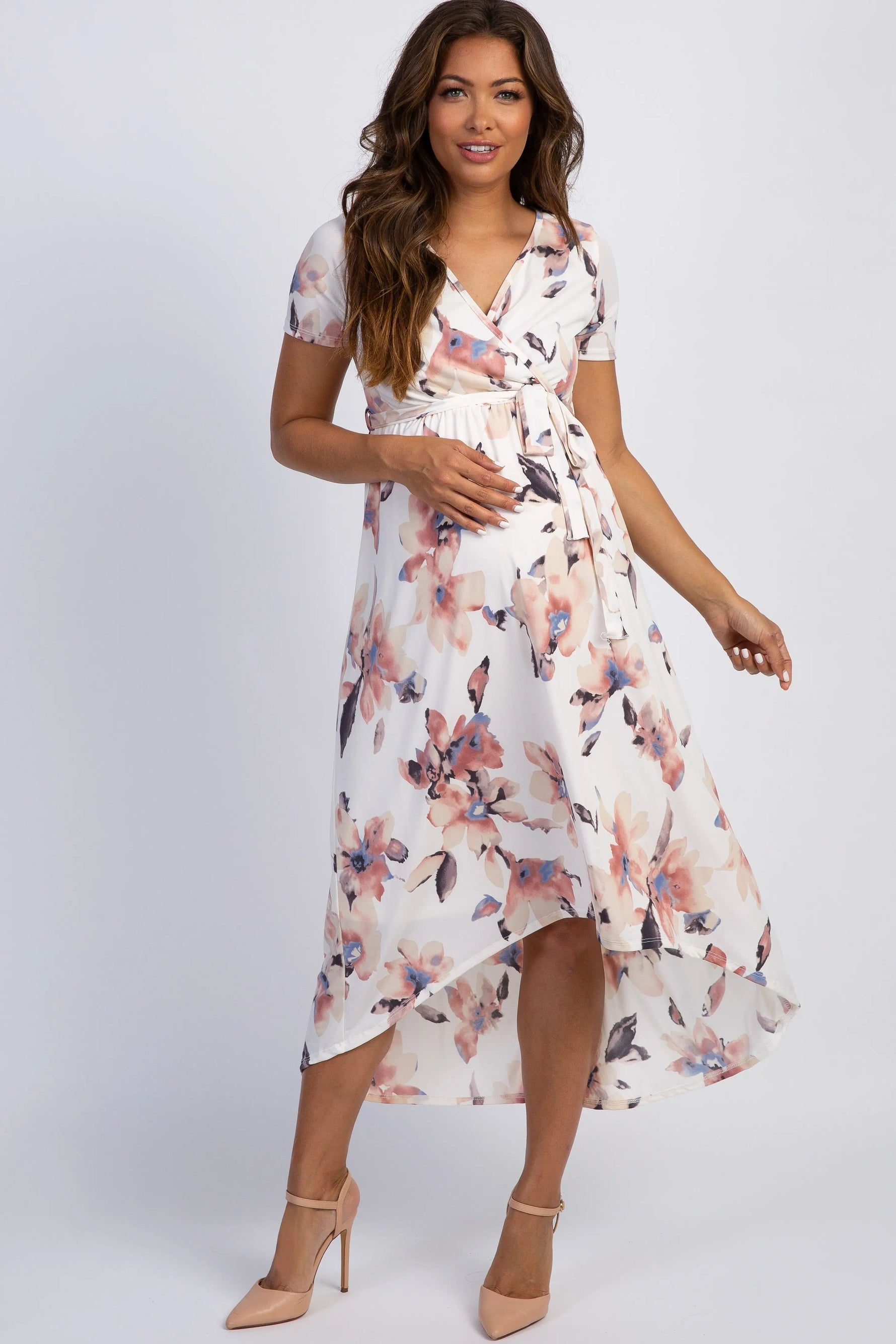 PinkBlush PinkBlush Ivory Watercolor Floral Hi - Low Maternity Wrap Dress - 
