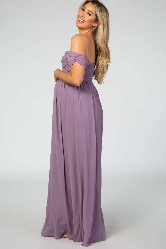 PinkBlush PinkBlush Lavender Off Shoulder Chiffon Maxi Maternity Dress - 