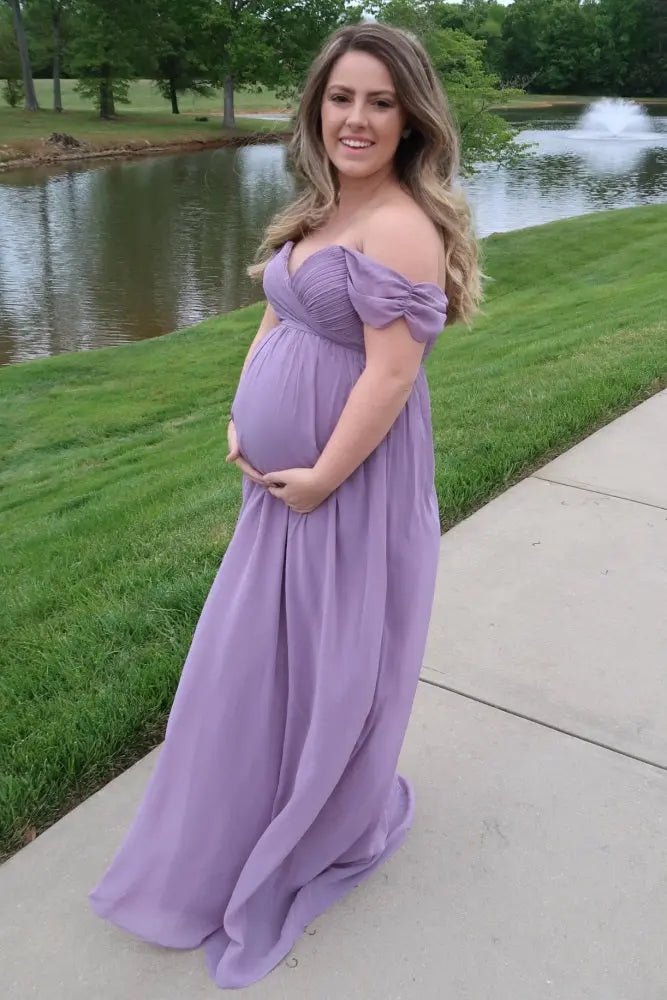 PinkBlush PinkBlush Lavender Off Shoulder Chiffon Maxi Maternity Dress - 