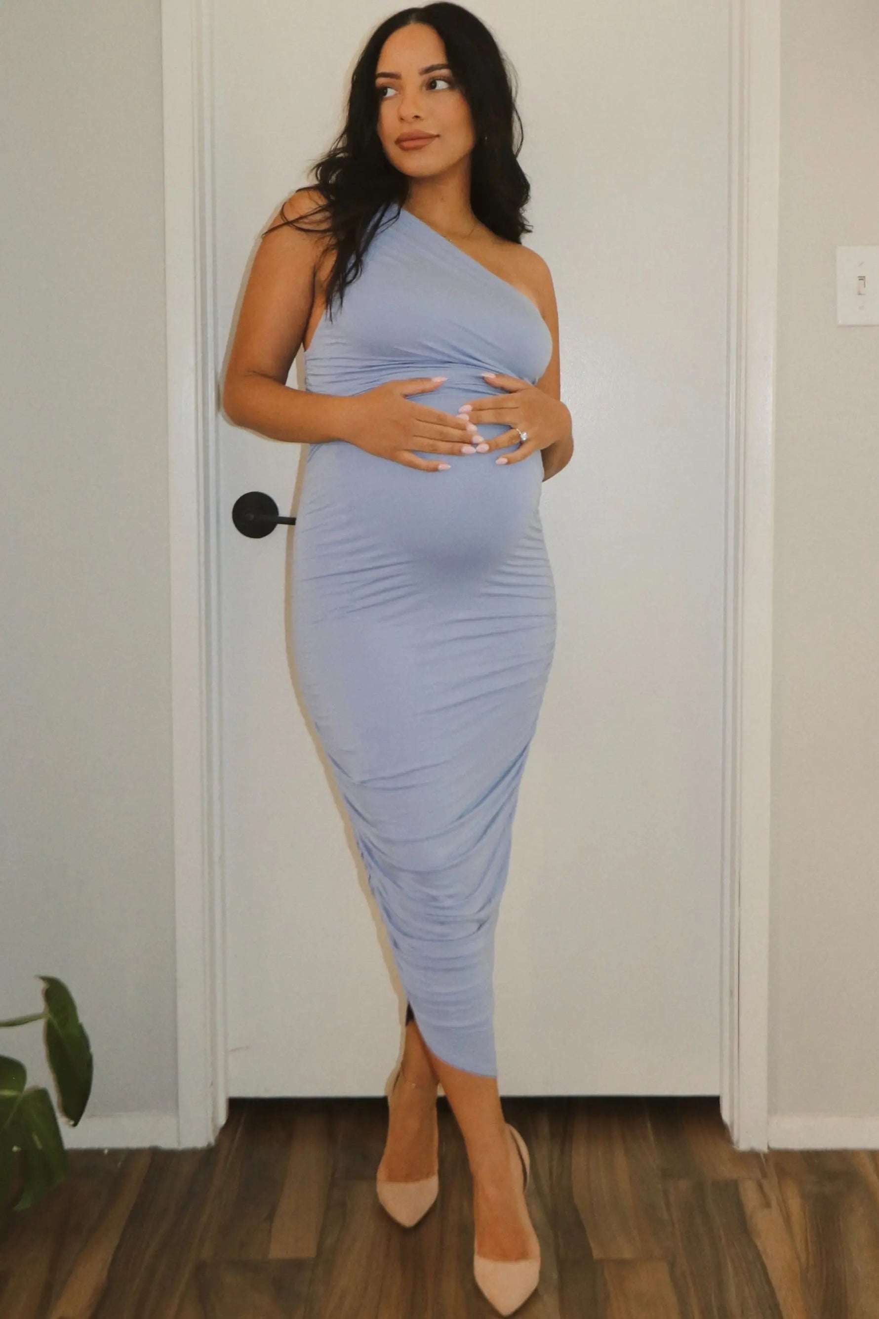 PinkBlush PinkBlush Light Blue Ruched One Shoulder Maternity Dress - 