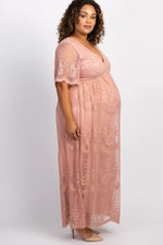 PinkBlush PinkBlush Light Pink Lace Mesh Overlay Plus Maternity Maxi Dress - 
