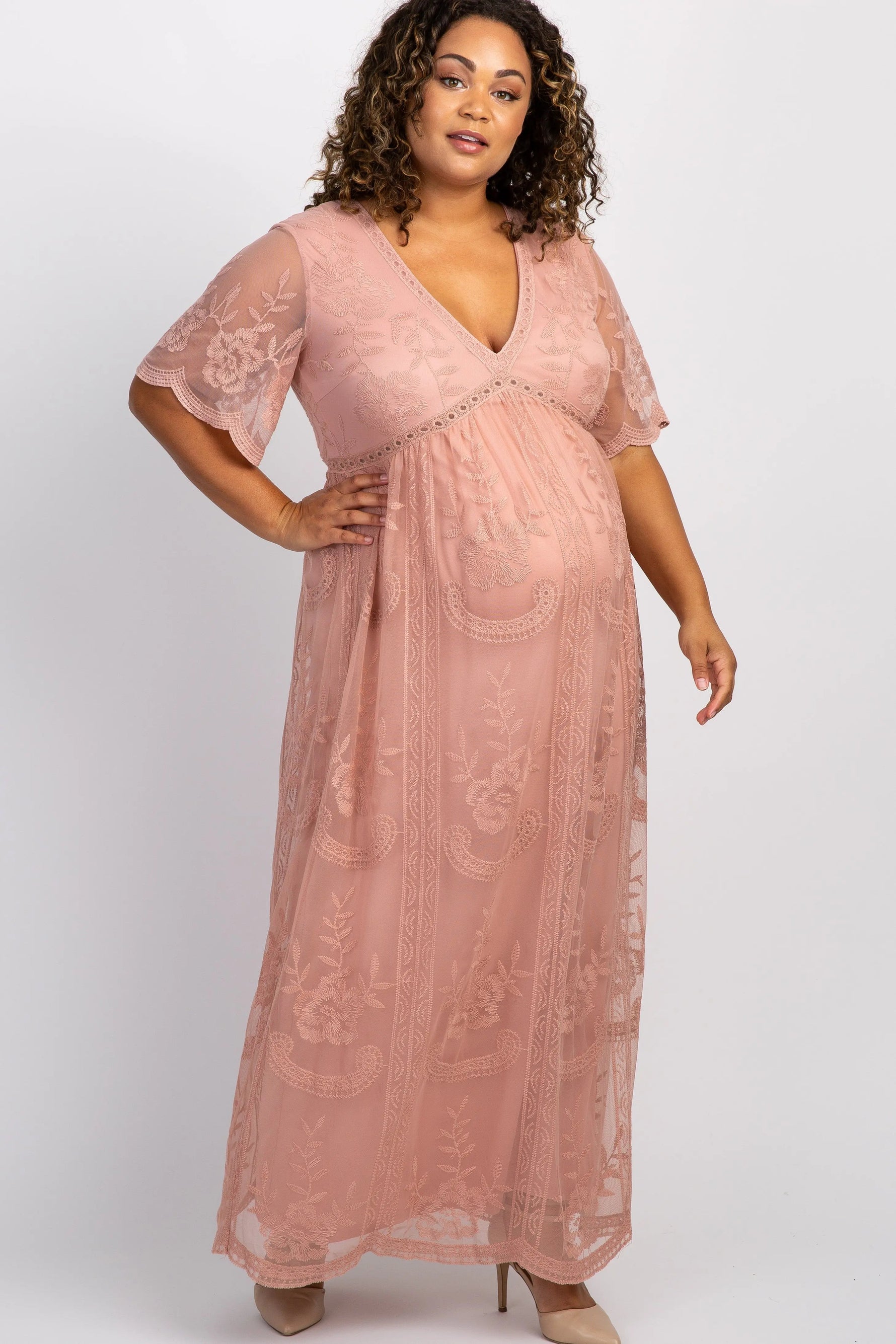 PinkBlush PinkBlush Light Pink Lace Mesh Overlay Plus Maternity Maxi Dress - 