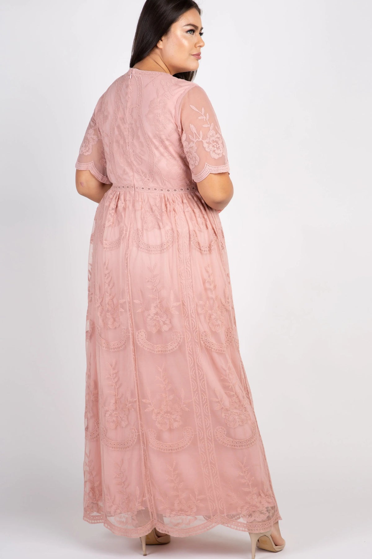 PinkBlush PinkBlush Light Pink Lace Mesh Overlay Plus Maxi Dress - 