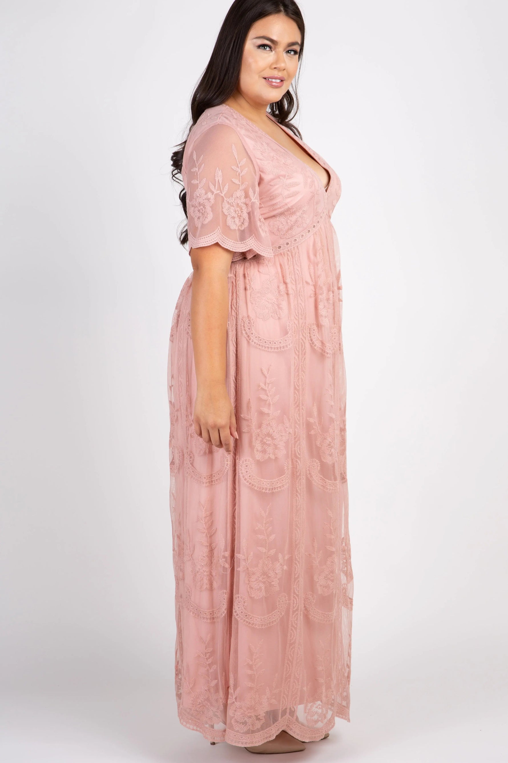 PinkBlush PinkBlush Light Pink Lace Mesh Overlay Plus Maxi Dress - 