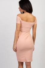 PinkBlush PinkBlush Light Pink Solid Off Shoulder Fitted Dress - 
