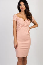 PinkBlush PinkBlush Light Pink Solid Off Shoulder Fitted Dress - 