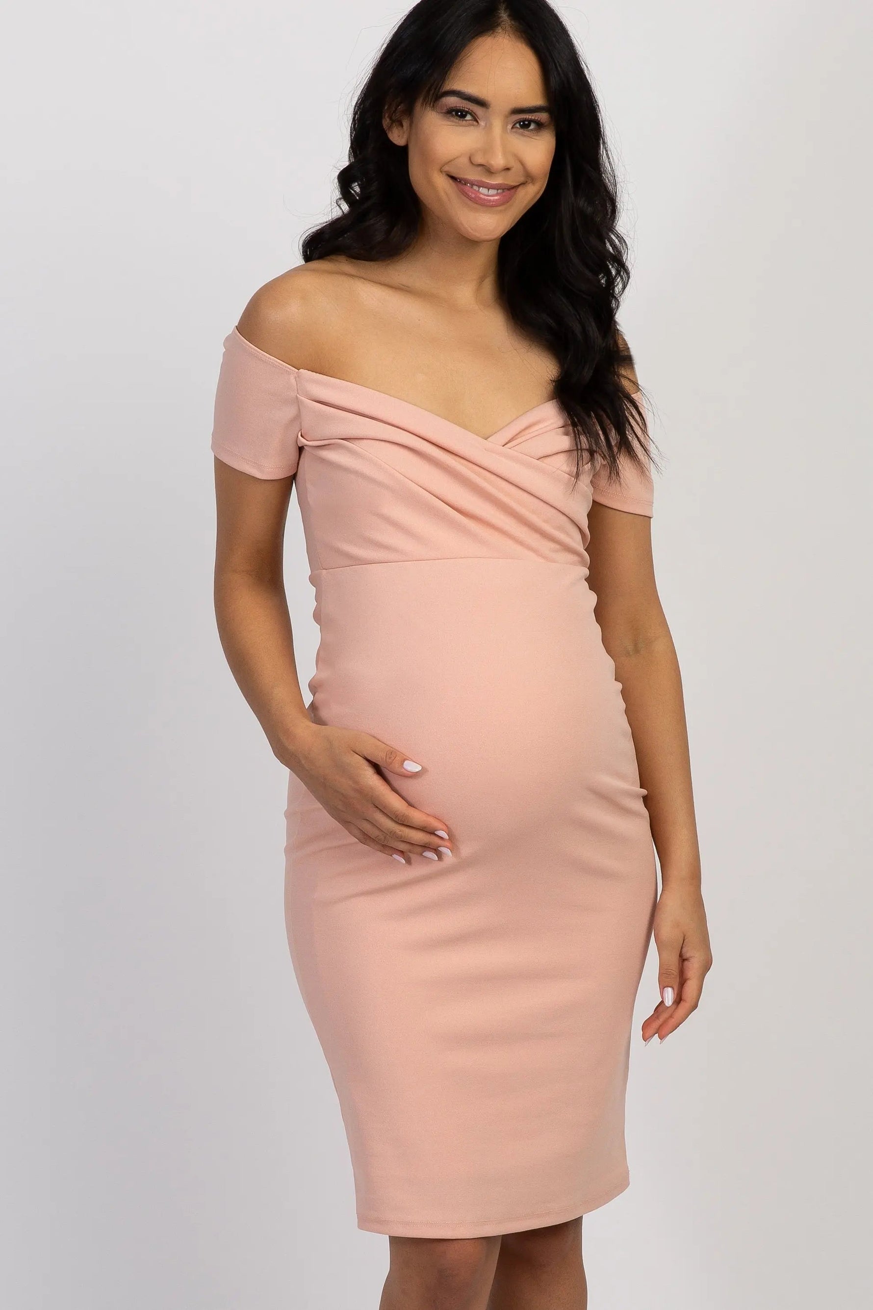 PinkBlush PinkBlush Light Pink Solid Off Shoulder Maternity Fitted Dress - 