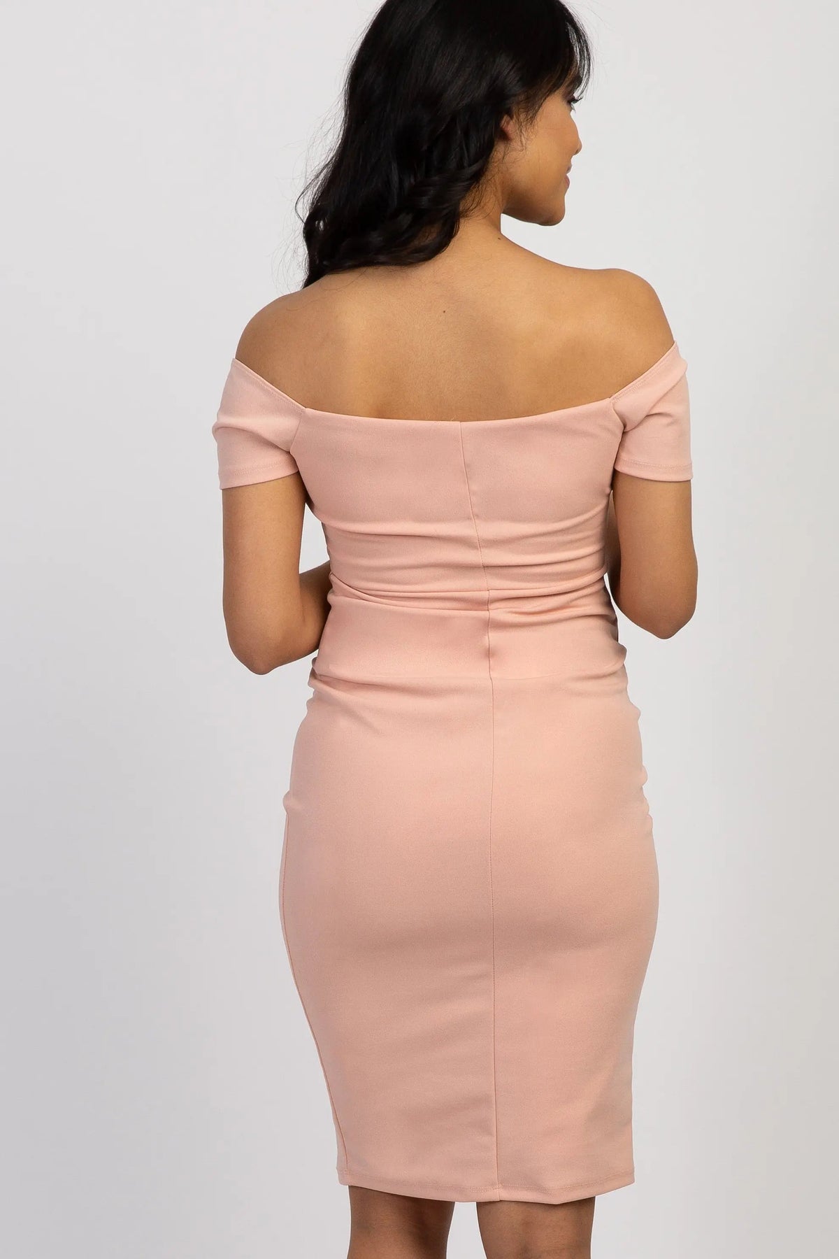 PinkBlush PinkBlush Light Pink Solid Off Shoulder Maternity Fitted Dress - 