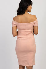 PinkBlush PinkBlush Light Pink Solid Off Shoulder Maternity Fitted Dress - 