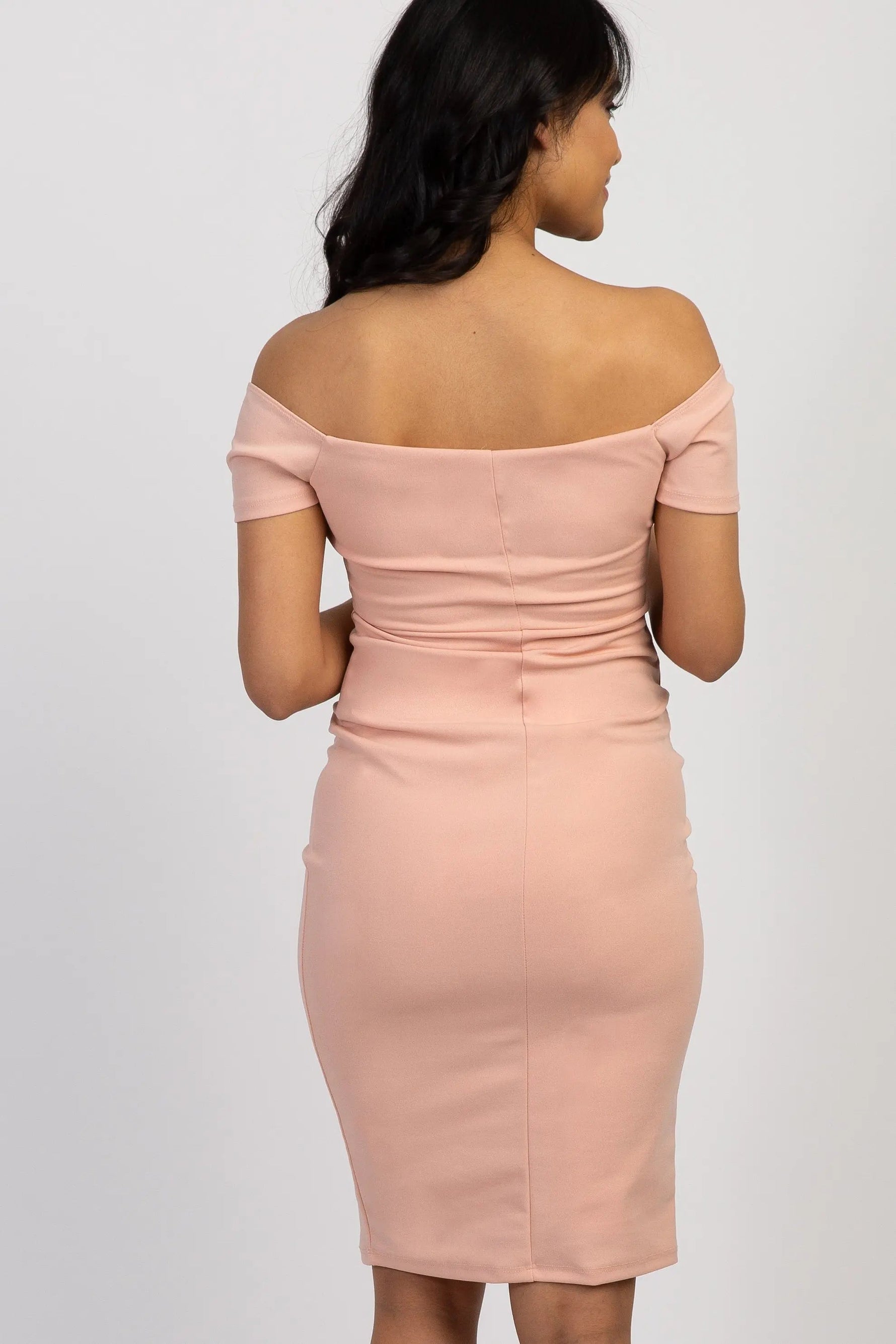 PinkBlush PinkBlush Light Pink Solid Off Shoulder Maternity Fitted Dress - 
