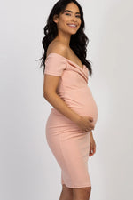 PinkBlush PinkBlush Light Pink Solid Off Shoulder Maternity Fitted Dress - 