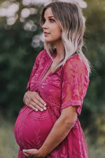 PinkBlush PinkBlush Magenta Lace Mesh Overlay Maternity Maxi Dress - 
