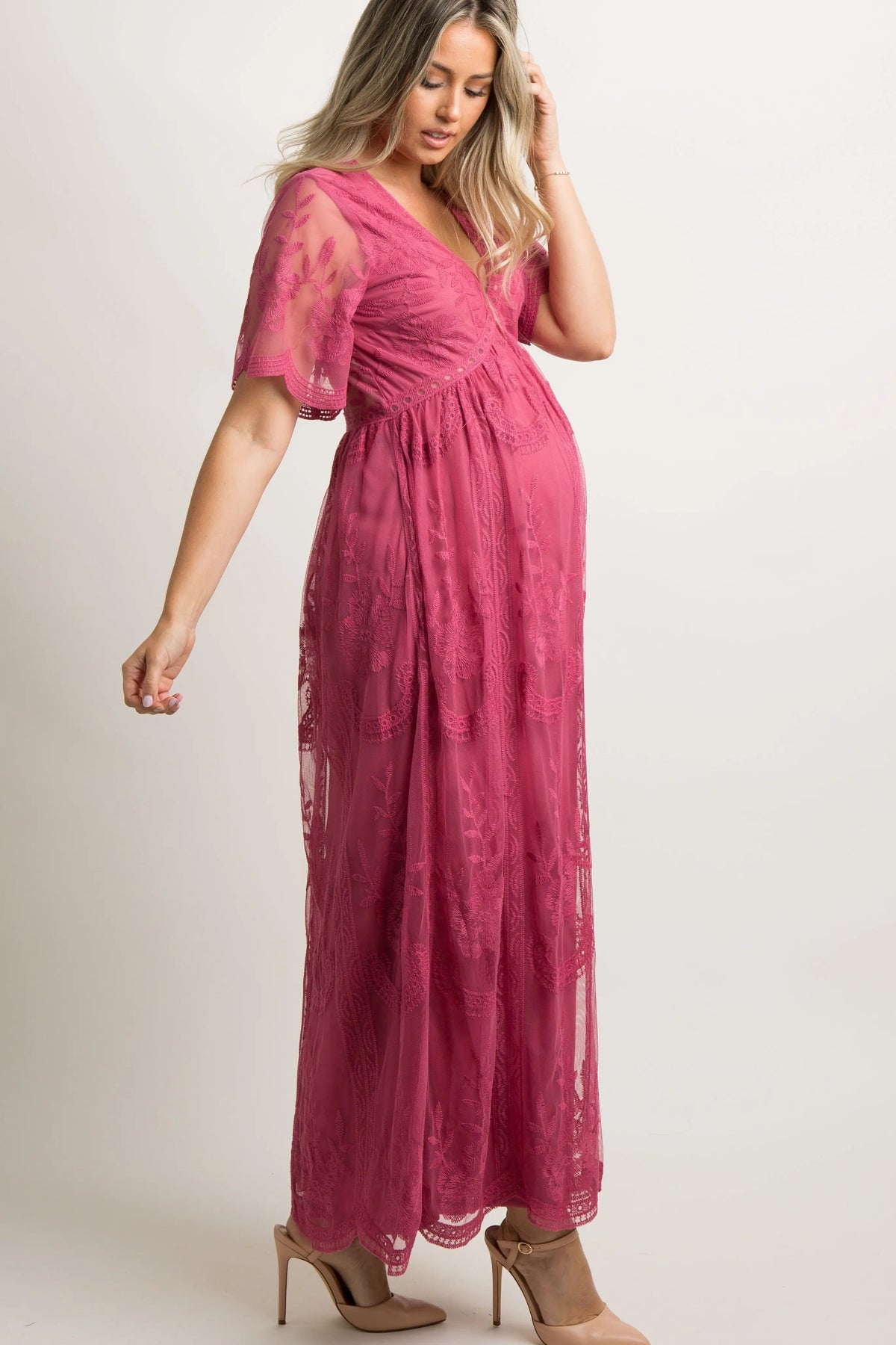 PinkBlush PinkBlush Magenta Lace Mesh Overlay Maternity Maxi Dress - 