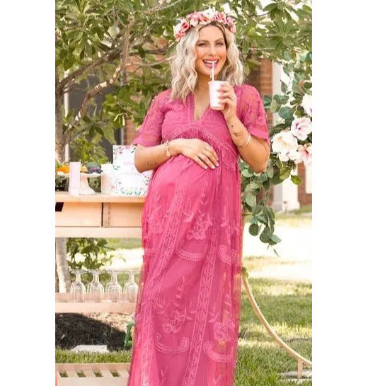 PinkBlush PinkBlush Magenta Lace Mesh Overlay Maternity Maxi Dress