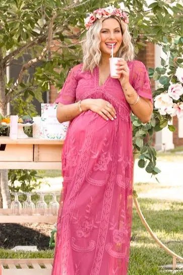 PinkBlush PinkBlush Magenta Lace Mesh Overlay Maternity Maxi Dress - 