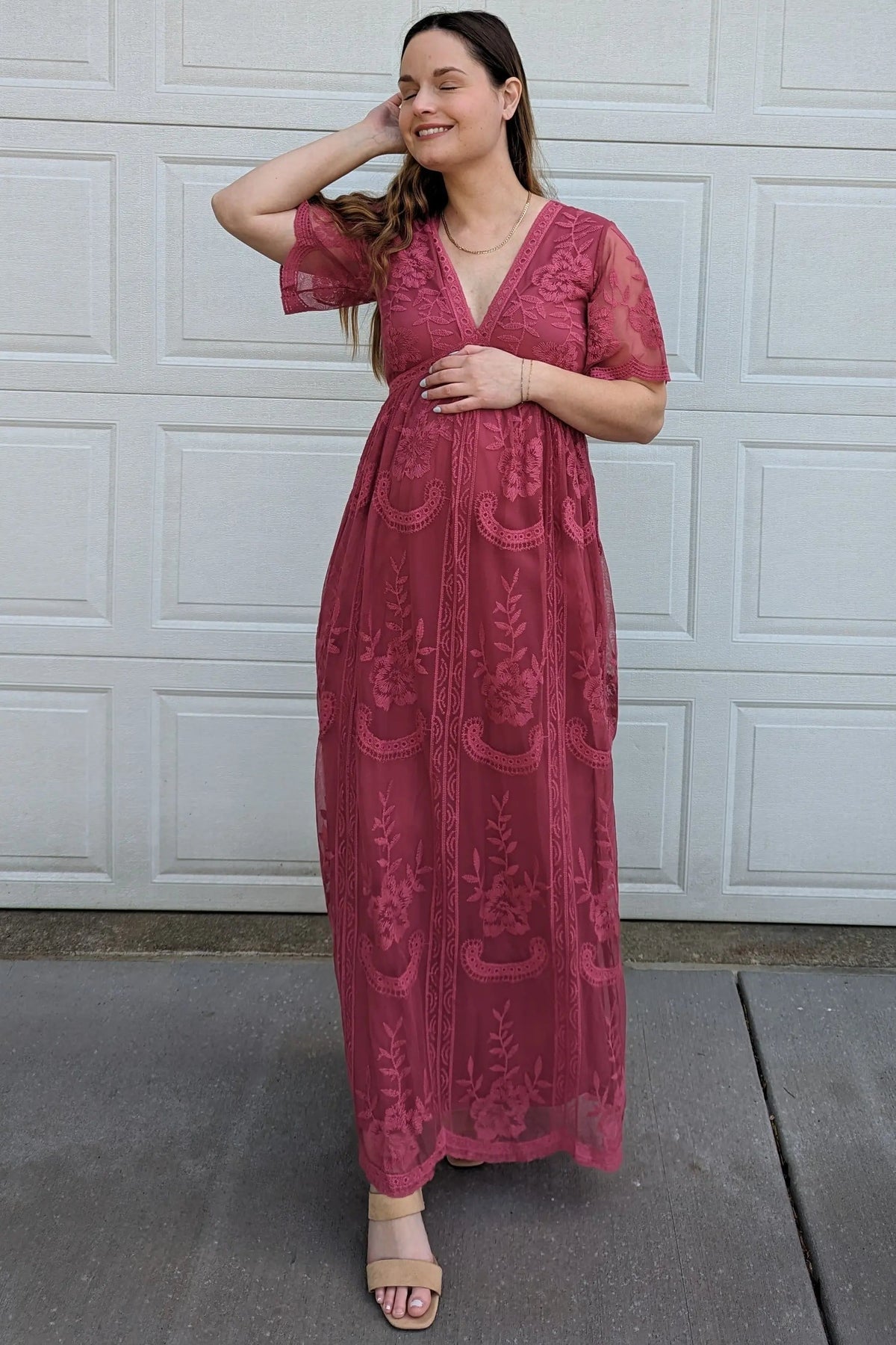 PinkBlush PinkBlush Magenta Lace Mesh Overlay Maternity Maxi Dress - 