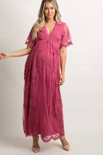 PinkBlush Magenta Lace Mesh Overlay Maternity Maxi Dress - Dress, Textile, Pink, One-piece garment, Waist | Everetts Place