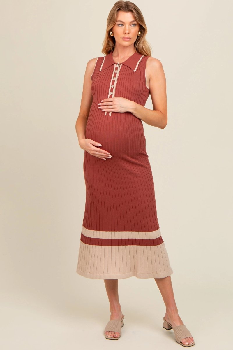 PinkBlush PinkBlush Maternity Dress with Button Front and Contrast Border for Expecting Mothers - 