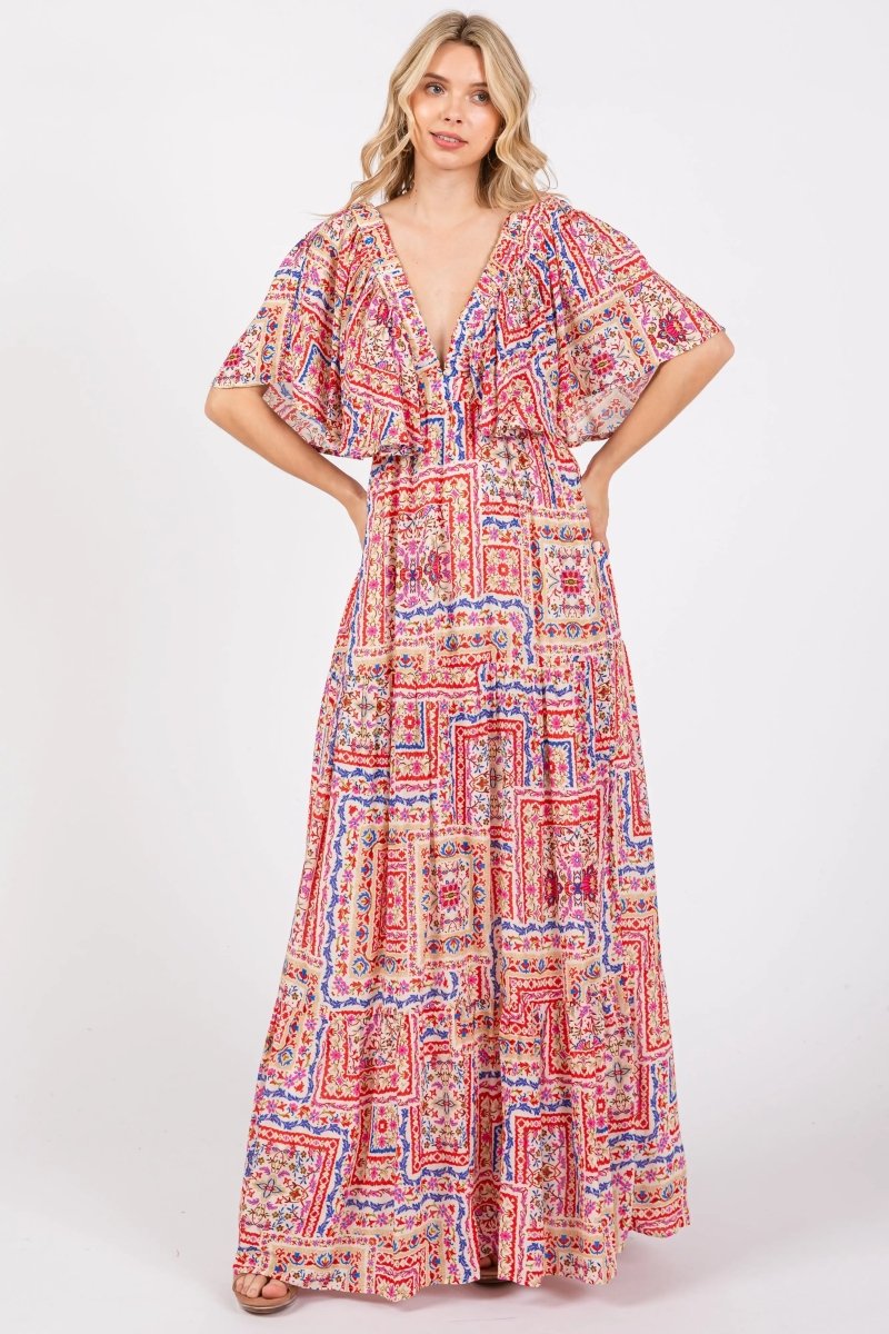 PinkBlush PinkBlush Multicolor Floral Deep V Neck Tiered Maternity Maxi Dress - 