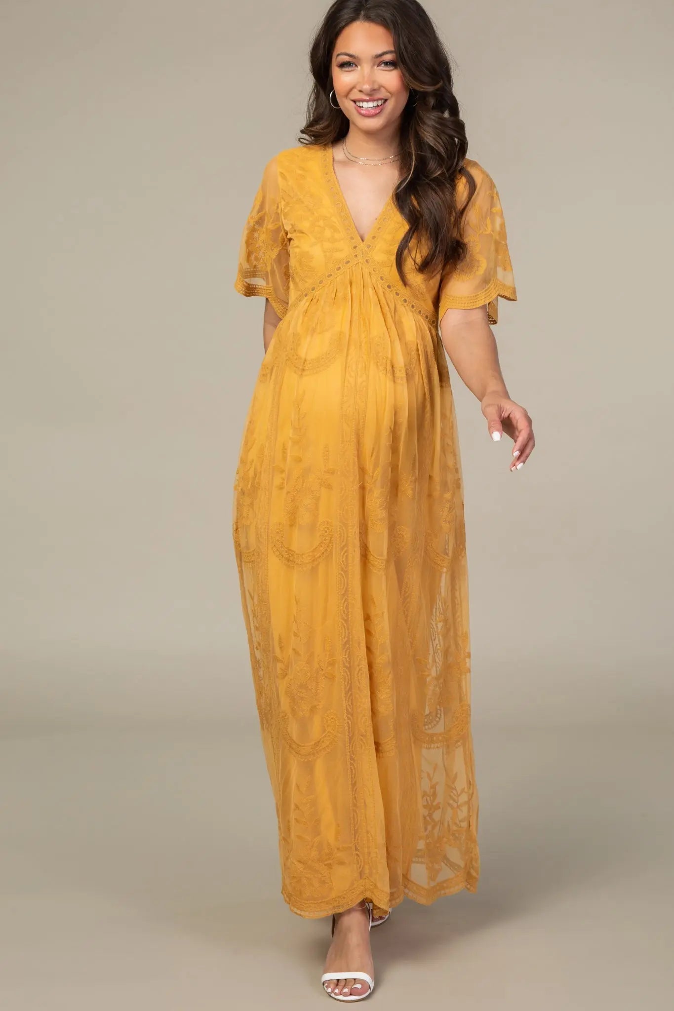 PinkBlush PinkBlush Mustard Lace Mesh Overlay Maternity Maxi Dress - 