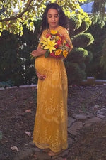 PinkBlush PinkBlush Mustard Lace Mesh Overlay Maternity Maxi Dress - 