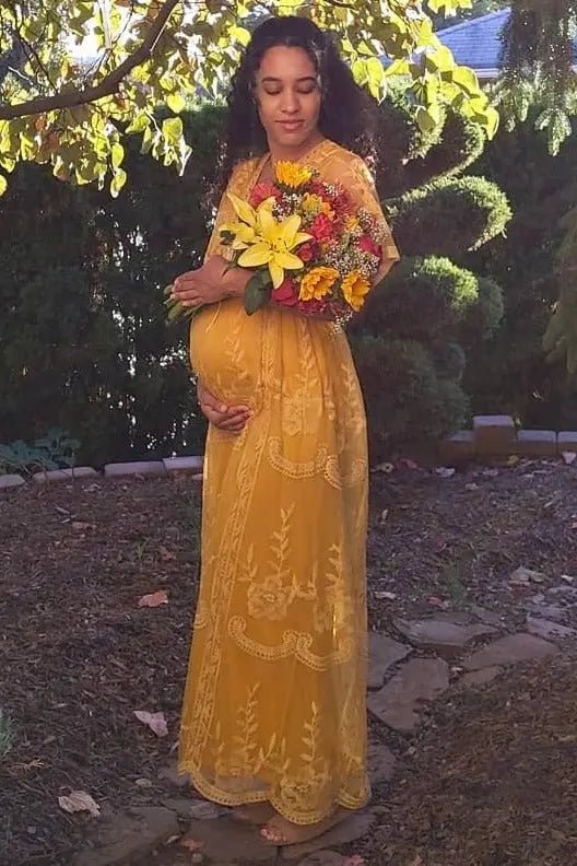 PinkBlush PinkBlush Mustard Lace Mesh Overlay Maternity Maxi Dress - 