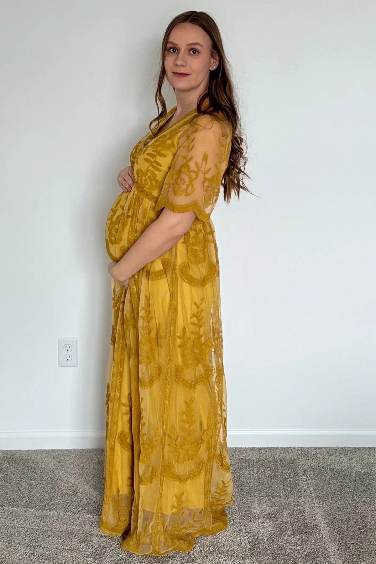 PinkBlush PinkBlush Mustard Lace Mesh Overlay Maternity Maxi Dress - 