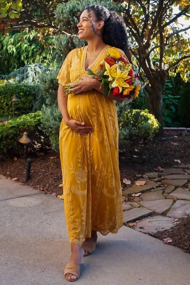 PinkBlush PinkBlush Mustard Lace Mesh Overlay Maternity Maxi Dress - 