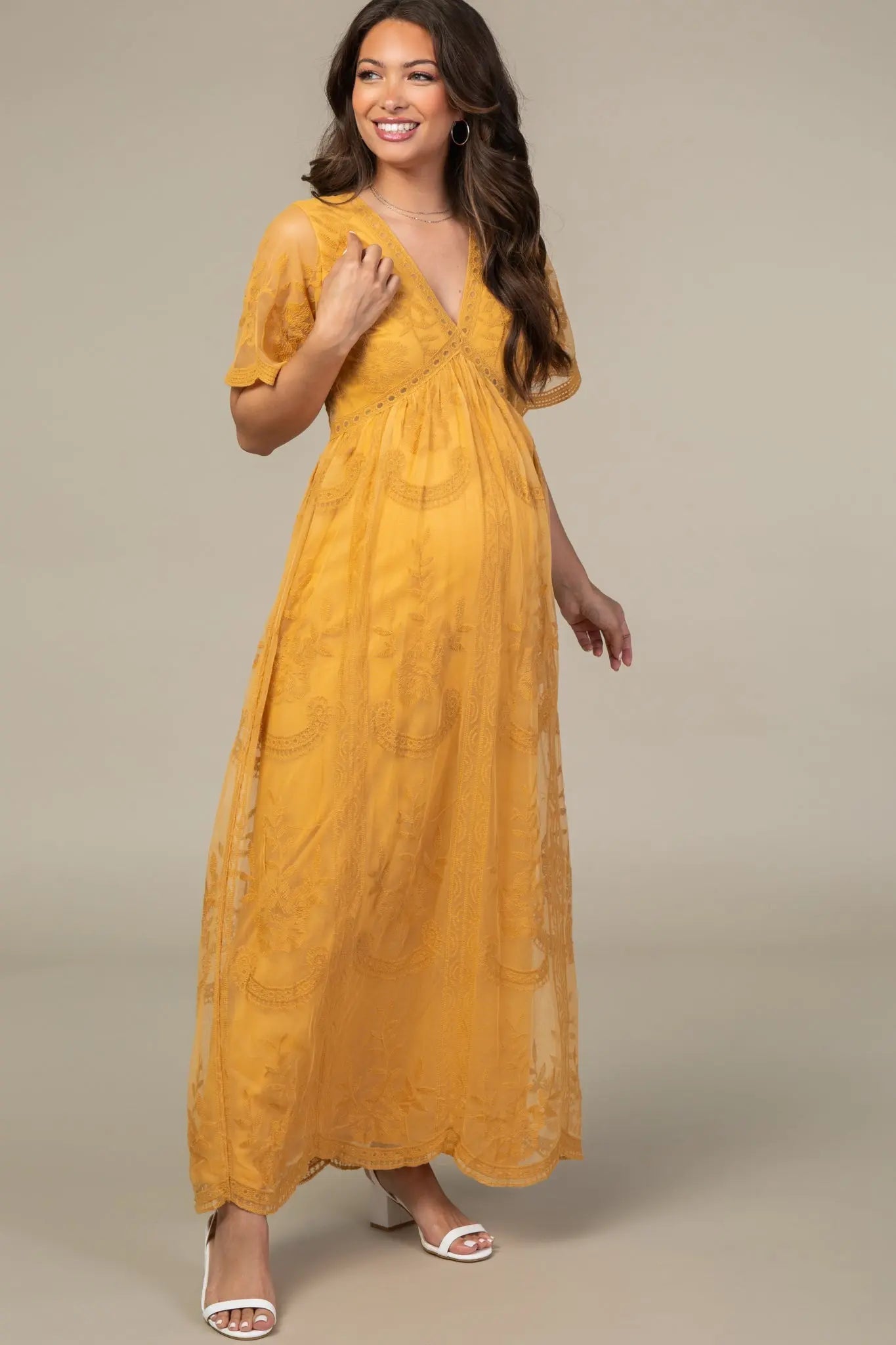 PinkBlush PinkBlush Mustard Lace Mesh Overlay Maternity Maxi Dress - 