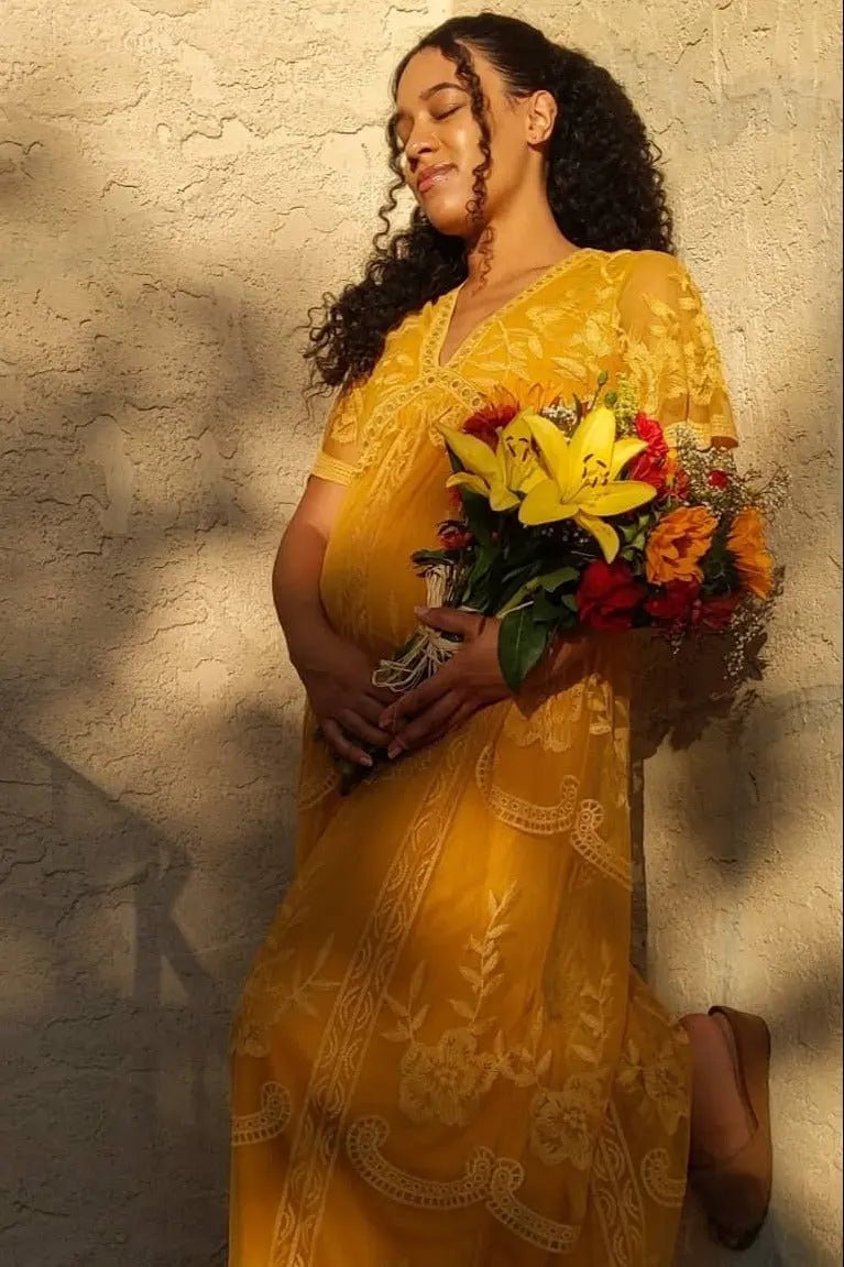 PinkBlush PinkBlush Mustard Lace Mesh Overlay Maternity Maxi Dress - 