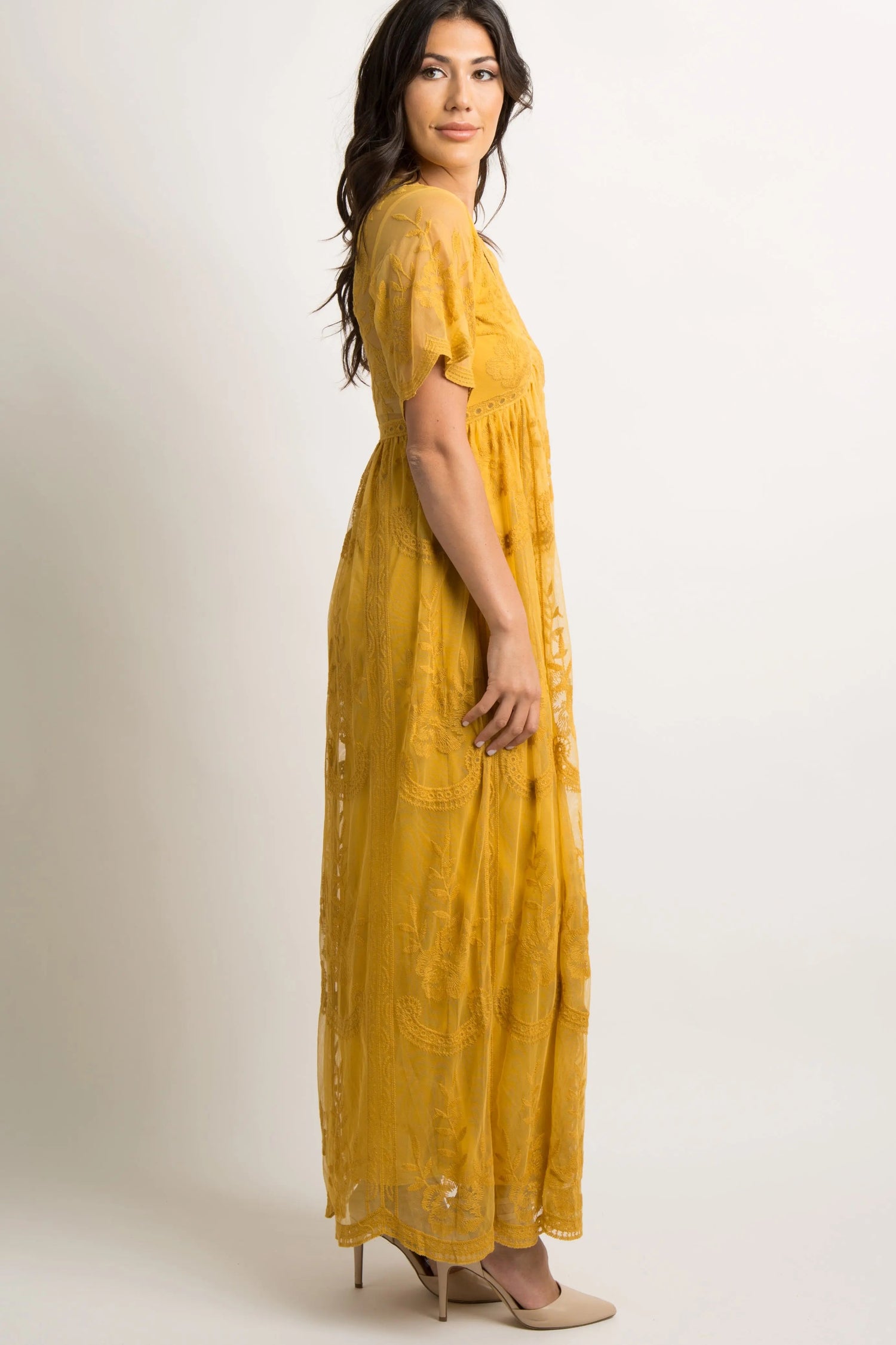 PinkBlush PinkBlush Mustard Lace Mesh Overlay Maxi Dress - 