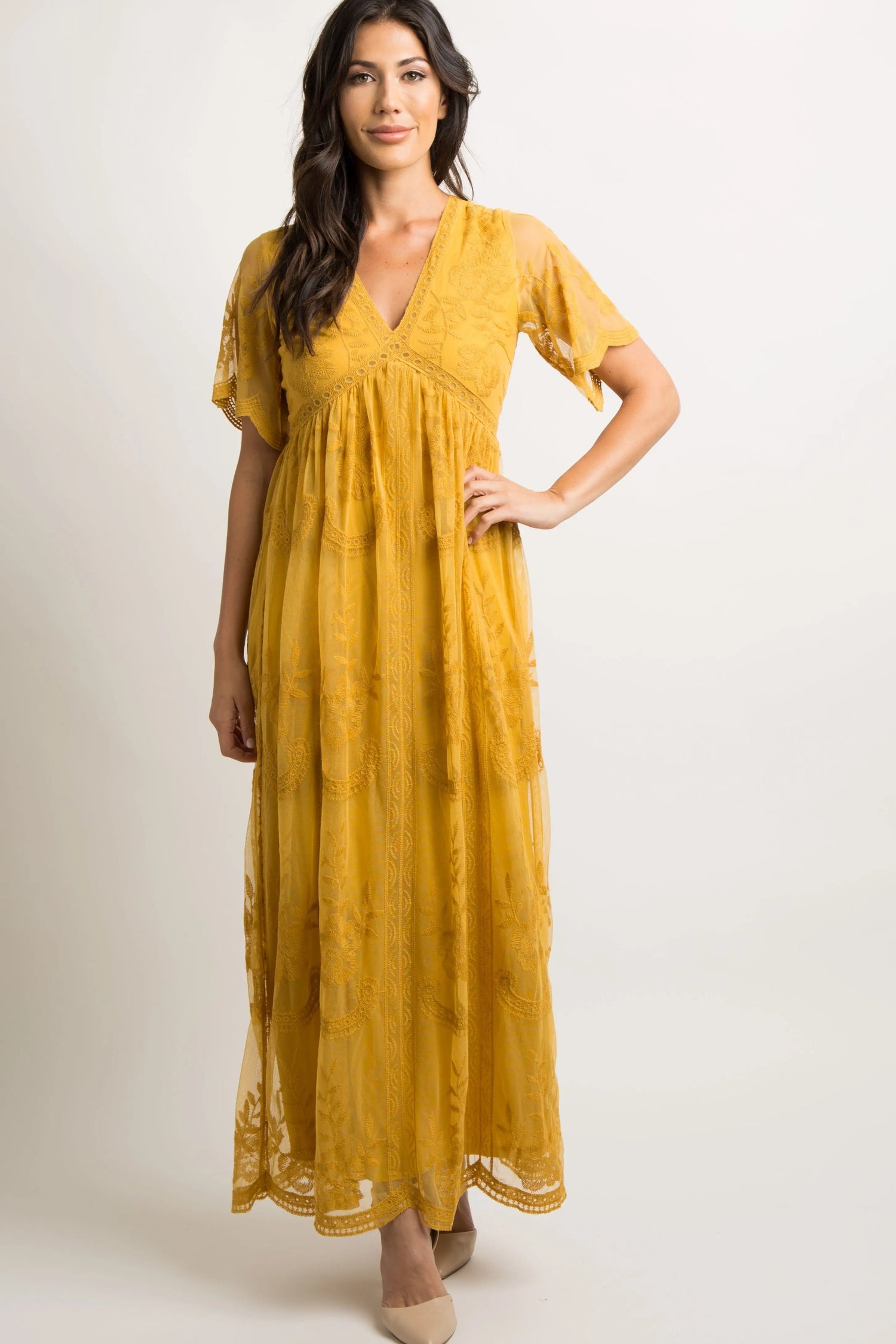 PinkBlush PinkBlush Mustard Lace Mesh Overlay Maxi Dress - 