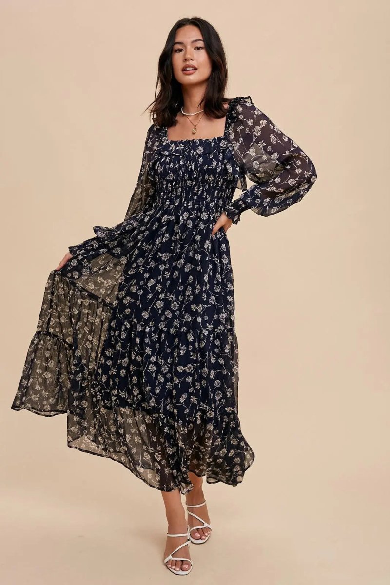 PinkBlush PinkBlush Navy Blue Floral Ruffle Maxi Dress with Puff Sleeves for Women - 