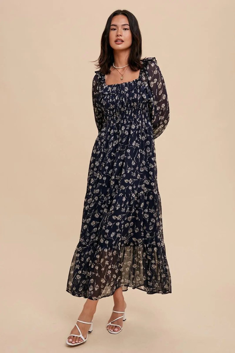 PinkBlush PinkBlush Navy Blue Floral Ruffle Maxi Dress with Puff Sleeves for Women - 