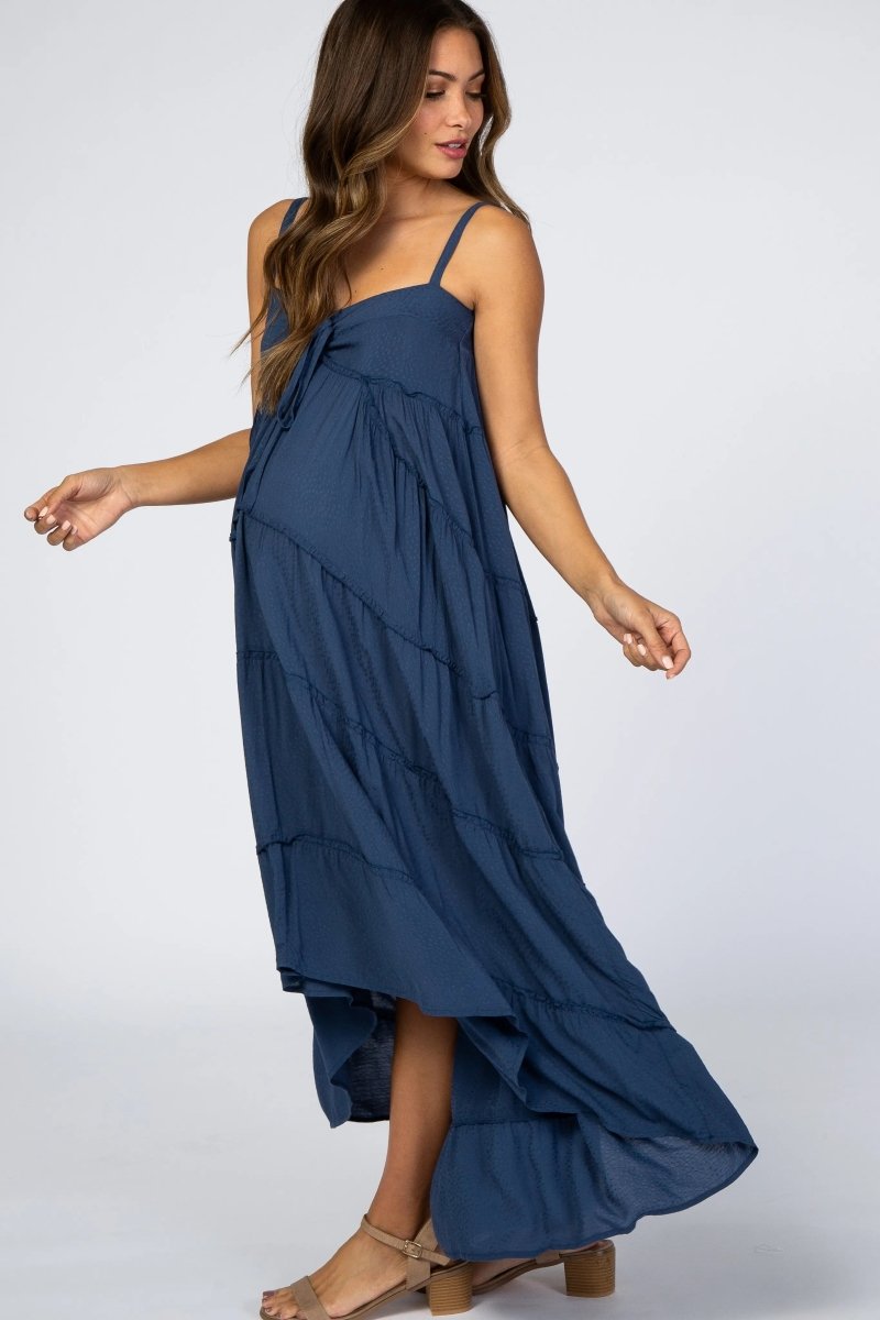 PinkBlush PinkBlush Navy Blue Ruffle Tier Hi Low Maternity Dress for Expecting Mothers - 