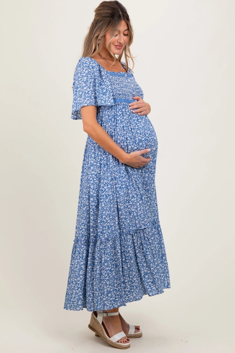 PinkBlush PinkBlush Navy Floral Maternity Midi Dress with Button Front for Expecting Moms - 