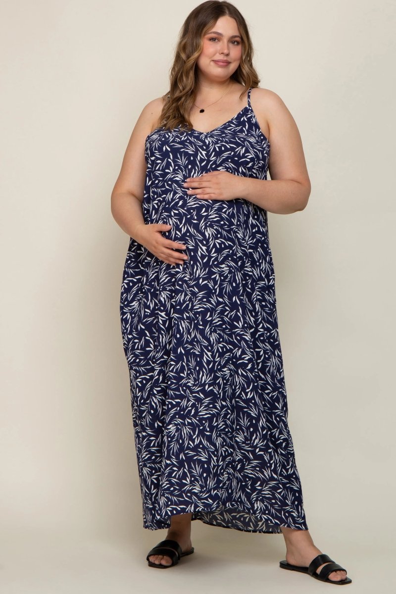 PinkBlush PinkBlush Navy Leaf Print Double V Neck Maternity Maxi Dress for Plus Size Moms - 