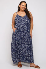 PinkBlush PinkBlush Navy Leaf Print Double V Neck Maternity Maxi Dress for Plus Size Moms - 