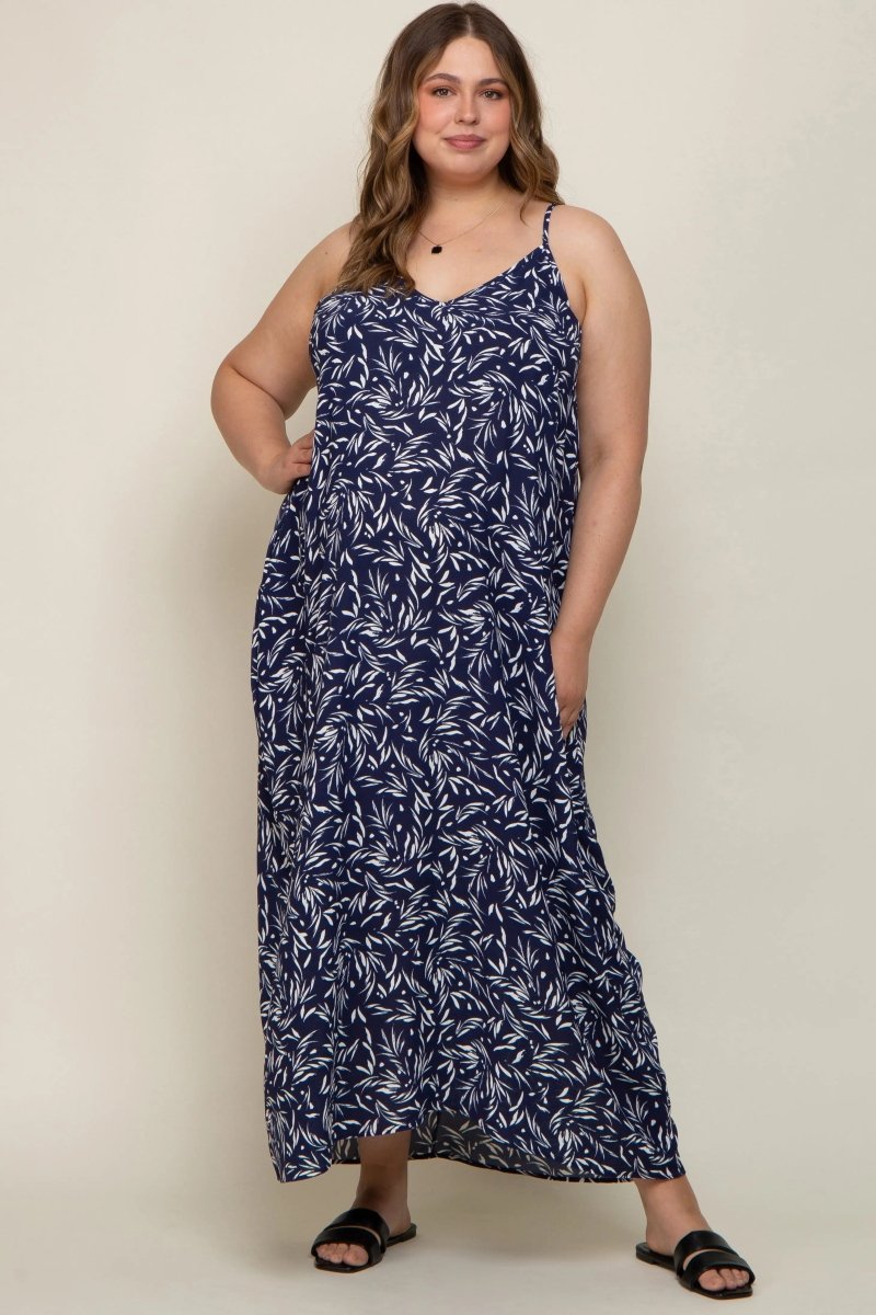 PinkBlush PinkBlush Navy Leaf Print Double V Neck Maternity Maxi Dress for Plus Size Moms - 
