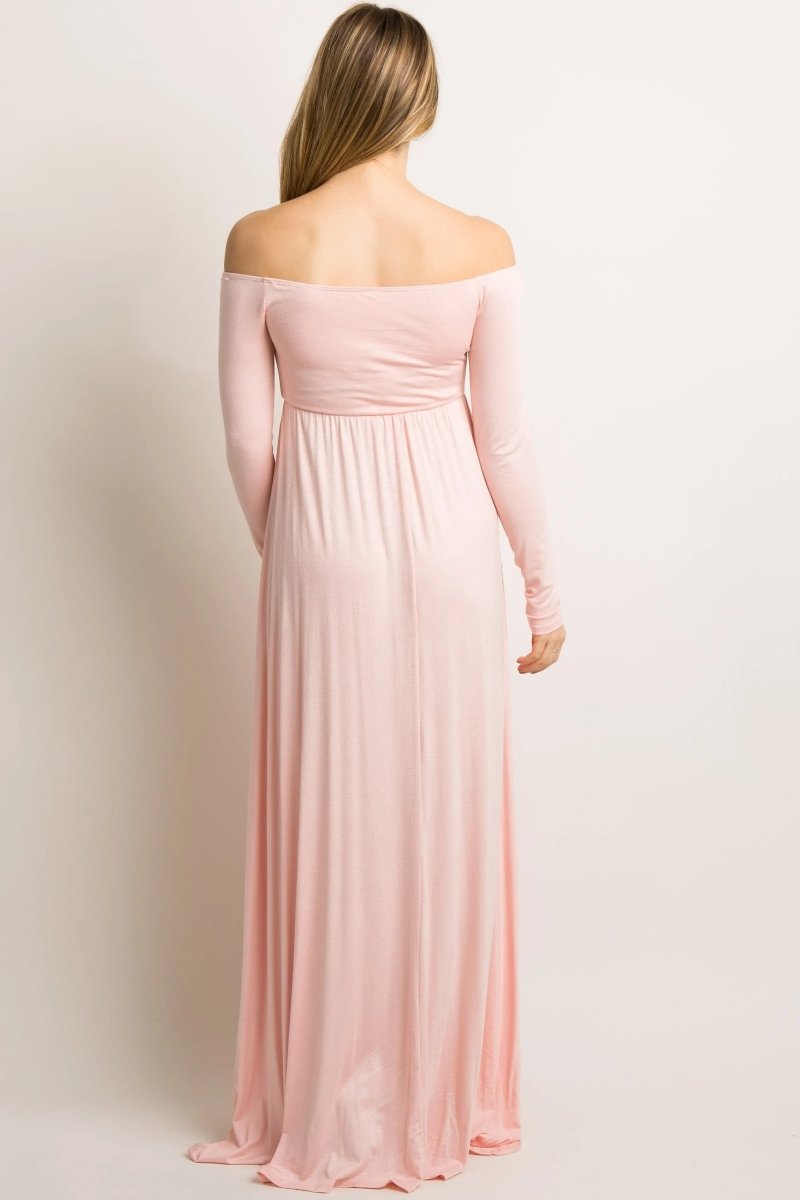 PinkBlush PinkBlush Off Shoulder Maternity Maxi Dress in Solid Pink for Expectant Mothers - 