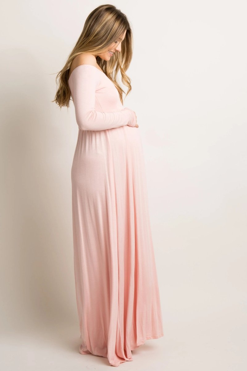 PinkBlush PinkBlush Off Shoulder Maternity Maxi Dress in Solid Pink for Expectant Mothers - 