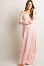 PinkBlush PinkBlush Off Shoulder Maternity Maxi Dress in Solid Pink for Expectant Mothers - 
