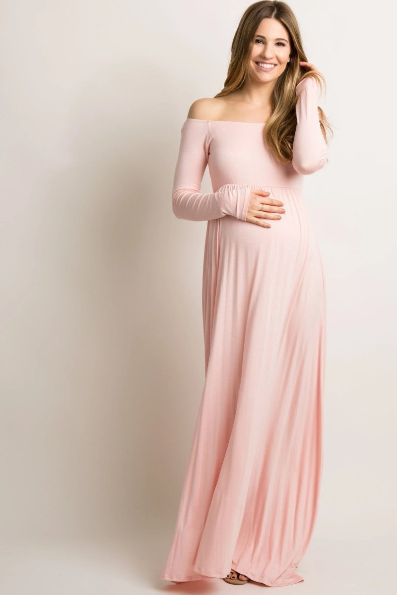 PinkBlush PinkBlush Off Shoulder Maternity Maxi Dress in Solid Pink for Expectant Mothers - 