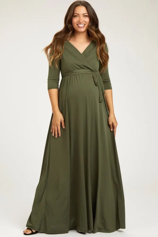 PinkBlush PinkBlush Olive Green Draped 3/4 Sleeve Maternity Maxi Dress - 