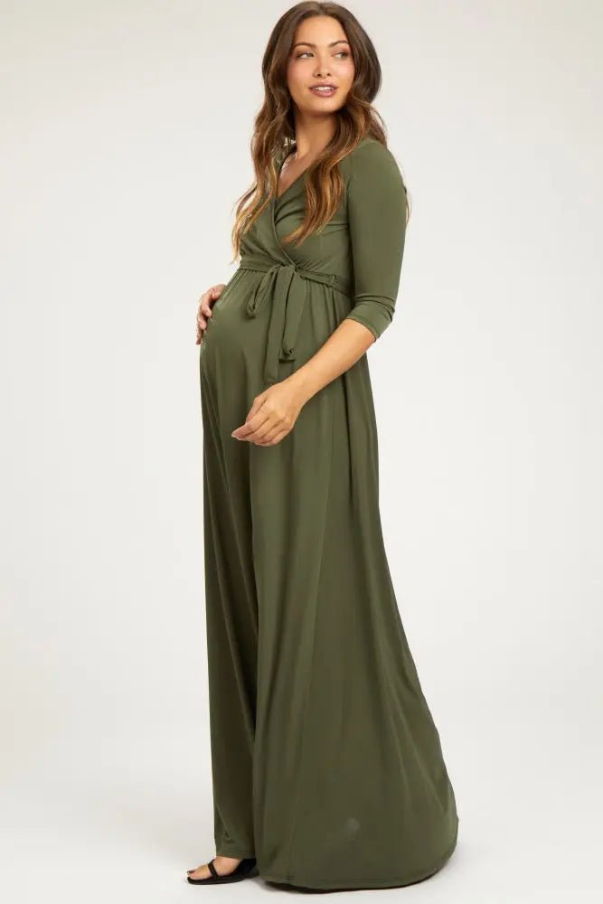 PinkBlush PinkBlush Olive Green Draped 3/4 Sleeve Maternity Maxi Dress - 